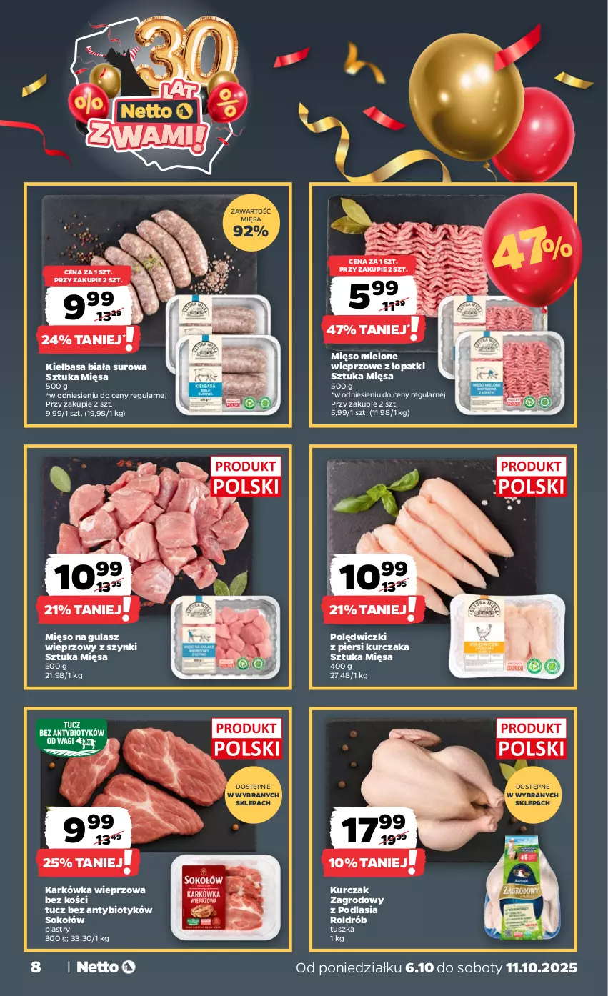 Gazetka promocyjna Netto - Od Poniedziałku - ważna 06.10 do 11.10.2025 - strona 8 - produkty: Drób, Karkówka wieprzowa, Kiełbasa, Kiełbasa biała, Kurczak, Mięso, Mięso mielone, Mięso na gulasz, Sok, Sokołów, Tusz