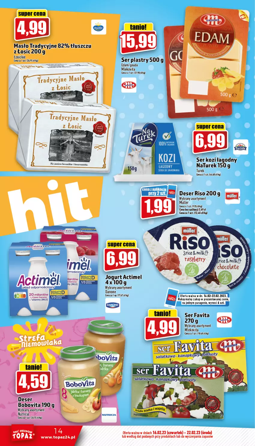 Gazetka promocyjna Topaz - Gazetka - ważna 16.02 do 22.02.2023 - strona 14 - produkty: Actimel, Danone, Deser, Edam, Fa, Favita, Gouda, Jogurt, Masło, Mleko, Mlekovita, NaTurek, Por, Ser, Ser kozi, Vita C