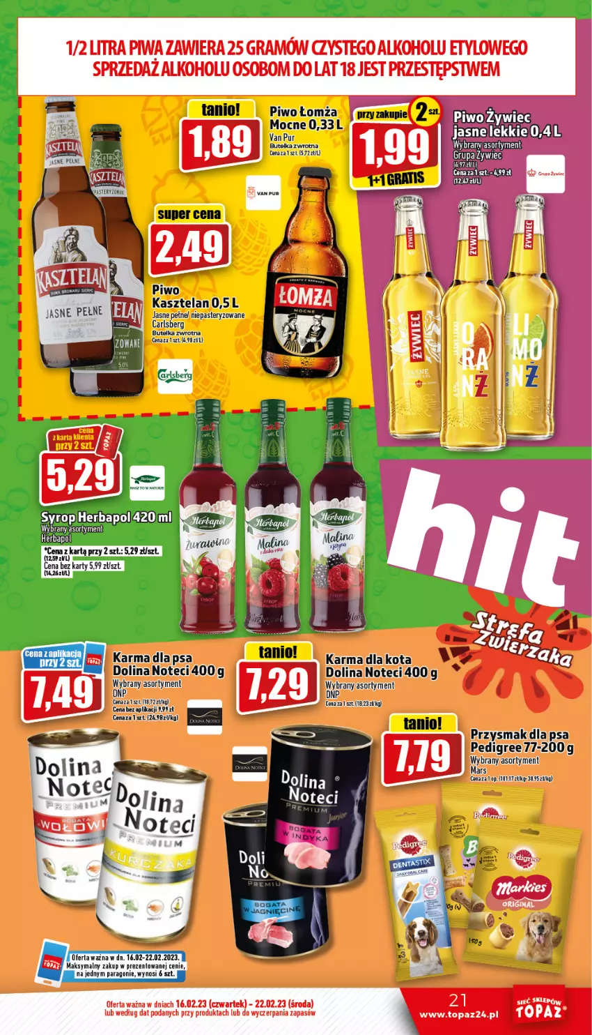 Gazetka promocyjna Topaz - Gazetka - ważna 16.02 do 22.02.2023 - strona 21 - produkty: Carlsberg, Gra, Herbapol, Kasztelan, Pedigree, Piwa, Piwo, Przysmak dla psa, Syrop, Top