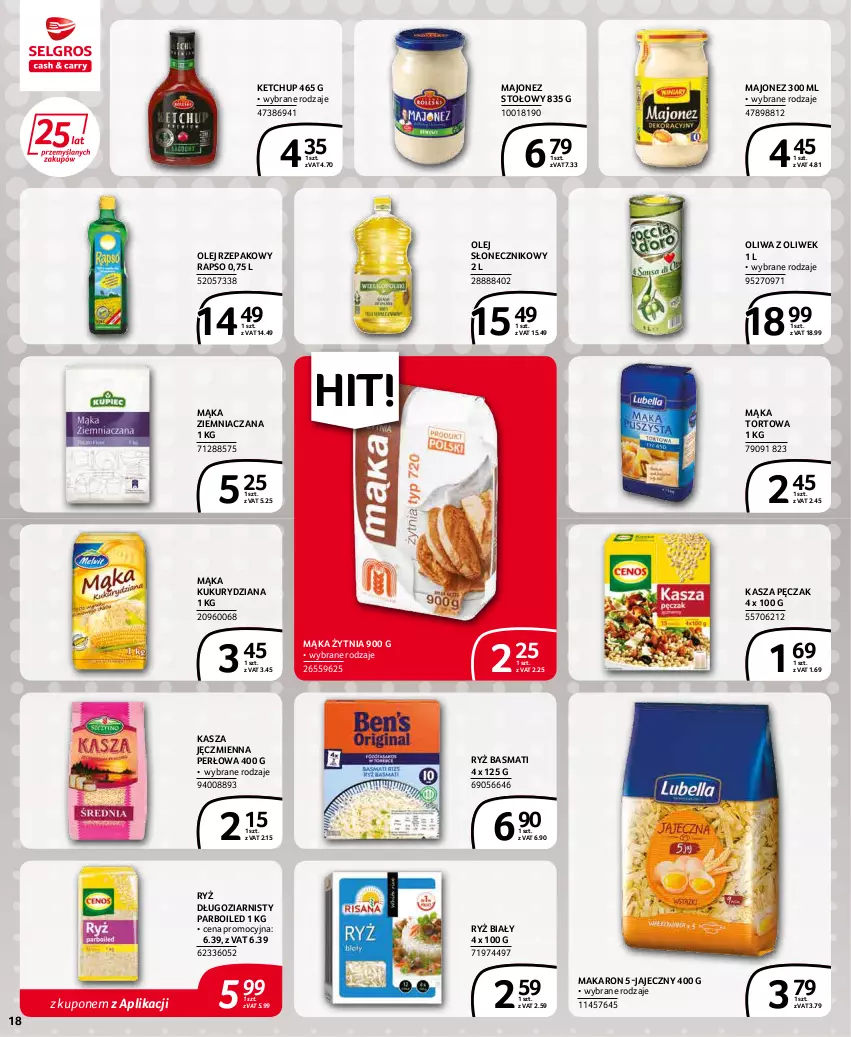 Gazetka promocyjna Selgros - Extra Oferta - ważna 01.02 do 28.02.2022 - strona 18 - produkty: Kasza, Kasza jęczmienna, Ketchup, Majonez, Mąka, Mąka tortowa, Makaron, Olej, Olej rzepakowy, Olej słonecznikowy, Oliwa z oliwek, Ryż, Ryż basmati, Ryż biały