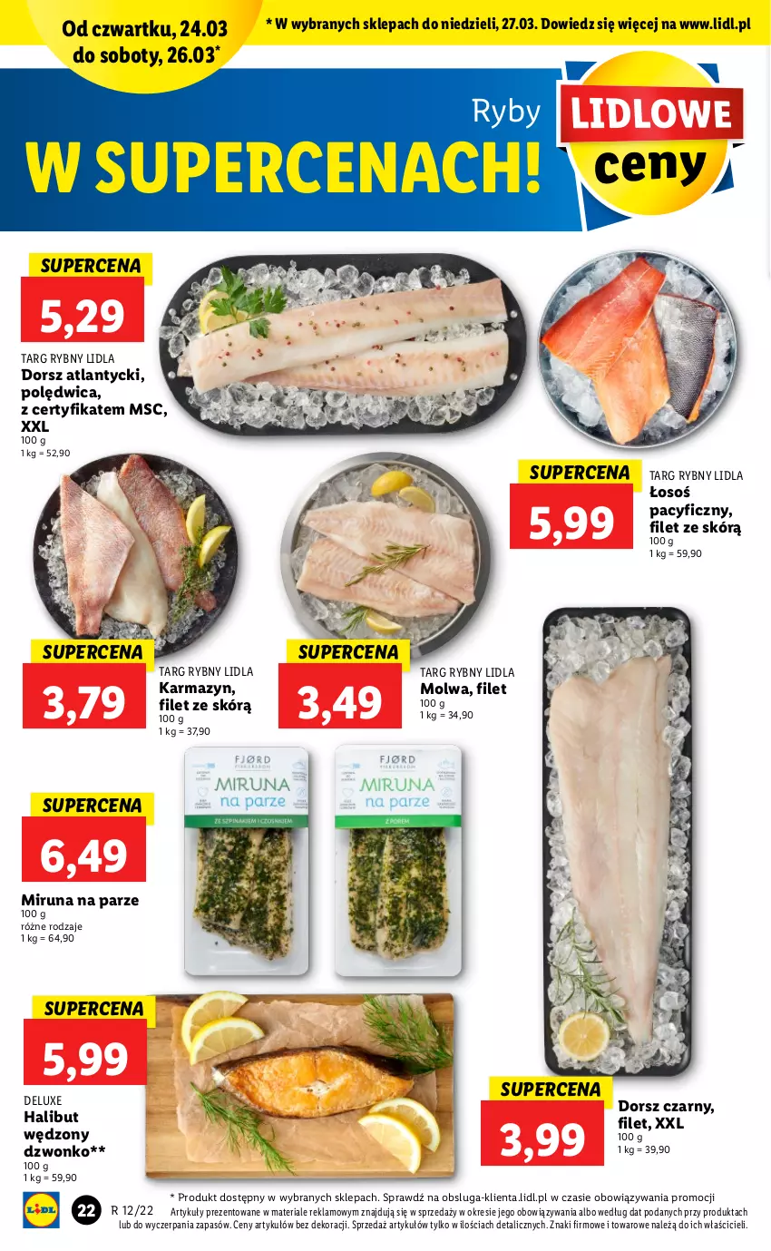 Gazetka promocyjna Lidl - GAZETKA - ważna 24.03 do 27.03.2022 - strona 22 - produkty: Dorsz, Halibut, Miruna, Polędwica