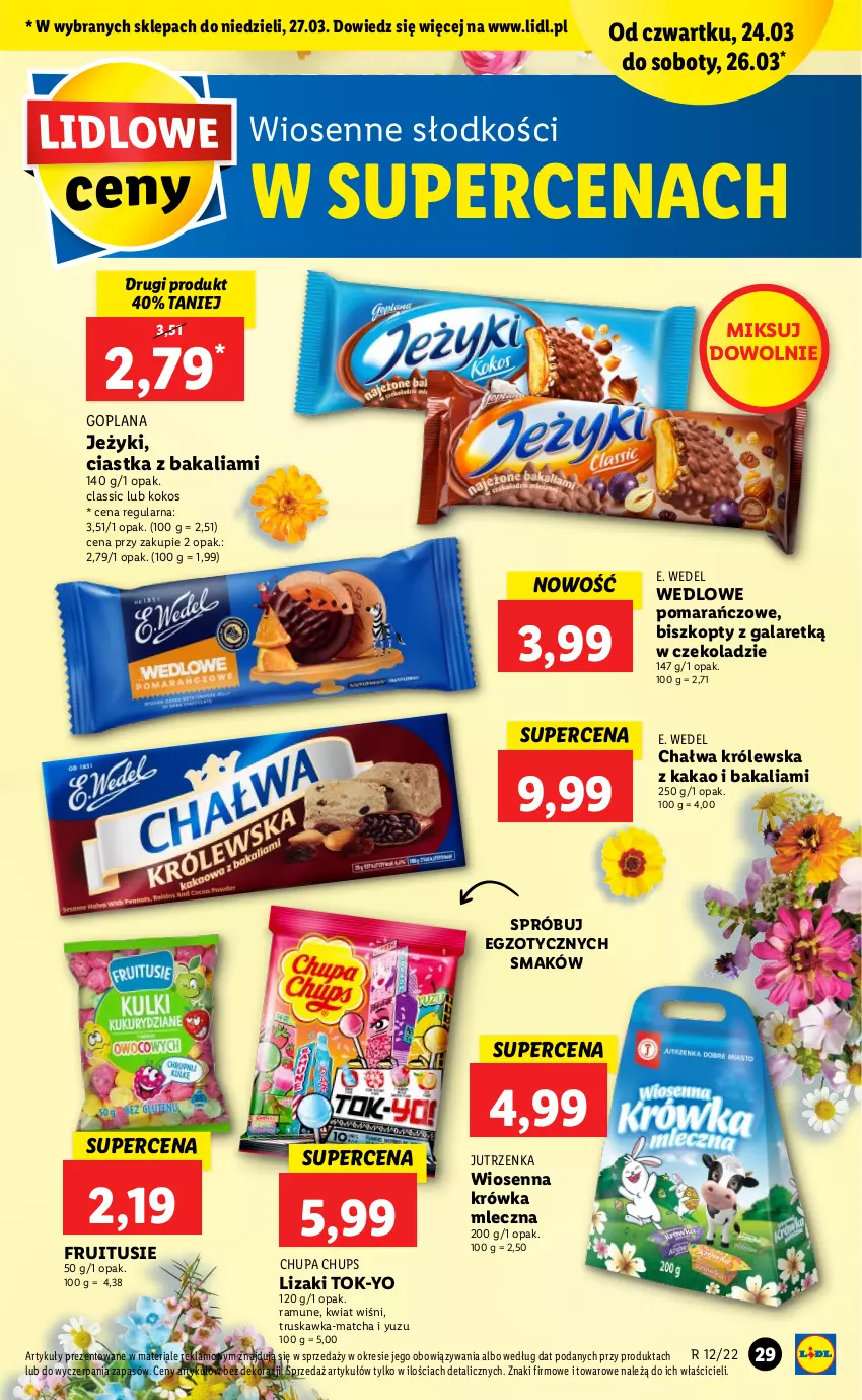 Gazetka promocyjna Lidl - GAZETKA - ważna 24.03 do 27.03.2022 - strona 29 - produkty: Biszkopty, Chałwa, Chupa Chups, Ciastka, E. Wedel, Gala, Goplana, Jeżyki, Jutrzenka, Kakao, Kokos, LANA, Lizaki