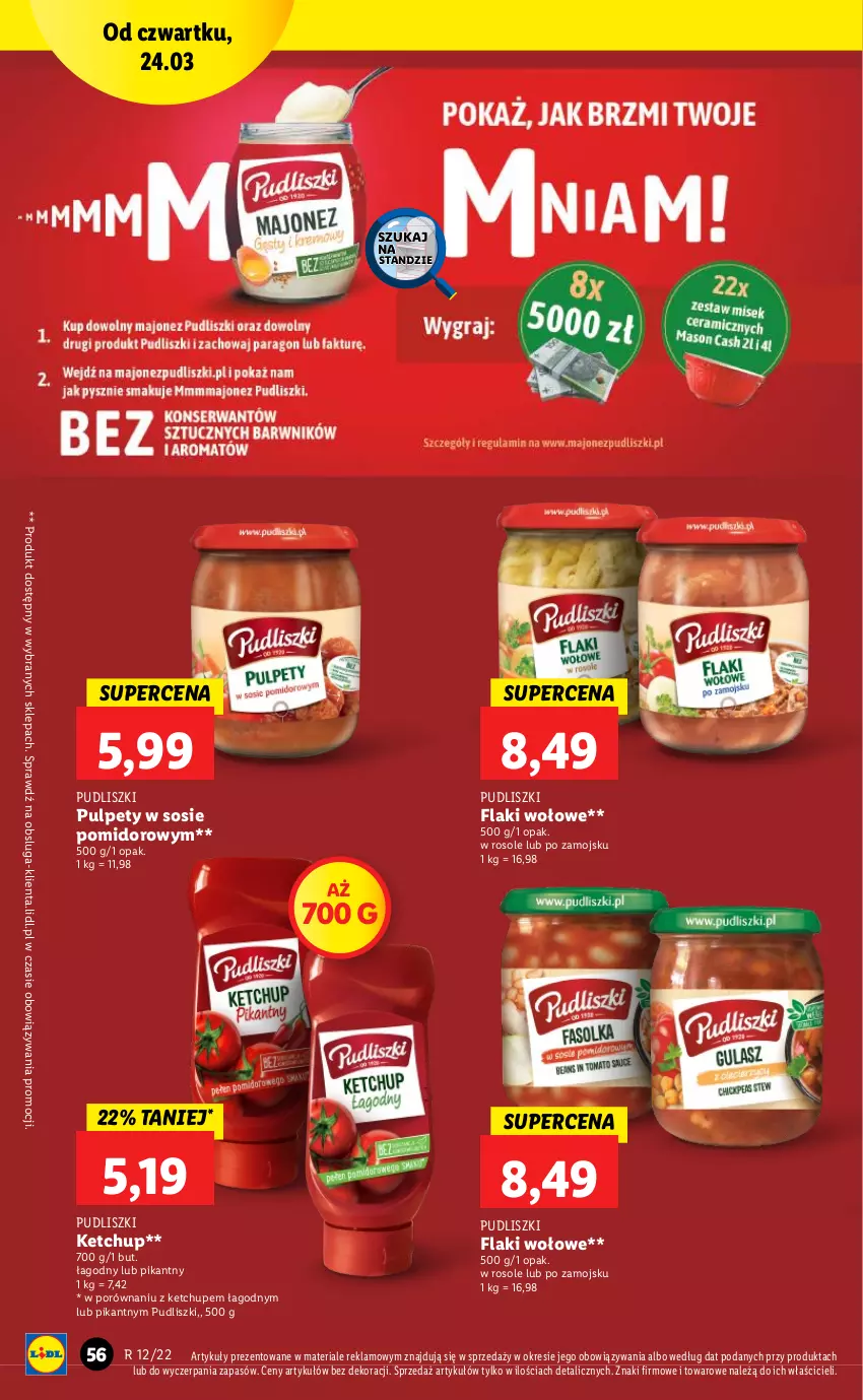 Gazetka promocyjna Lidl - GAZETKA - ważna 24.03 do 27.03.2022 - strona 56 - produkty: Flaki, Flaki wołowe, Ketchup, Por, Pudliszki, Pulpety, Sos