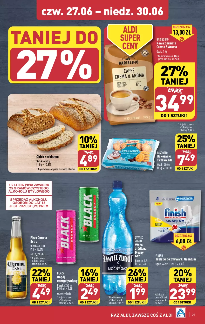 Gazetka promocyjna Aldi - Pełna oferta - ważna 24.06 do 30.06.2024 - strona 21 - produkty: Chleb, Corona Extra, Finish, Gra, Kawa, Kawa ziarnista, Kokos, Lack, LANA, Napój, Piwa, Piwo, Sanki, Tablet, Tabletki do zmywarki, Woda, Zmywarki