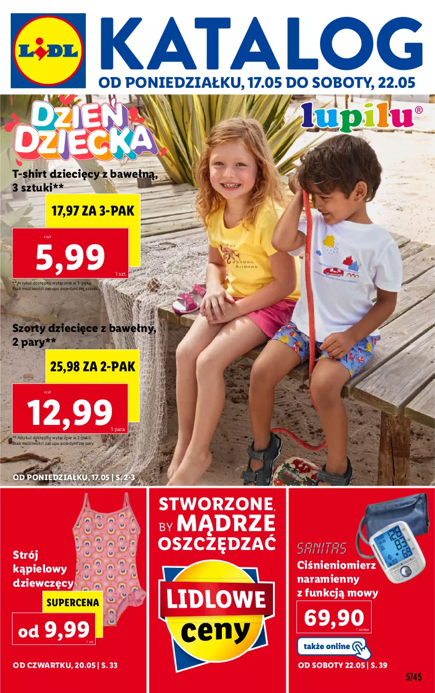 Gazetka promocyjna Lidl - GAZETKA - ważna 17.05 do 22.05.2021 - strona 1 - produkty: Ciśnieniomierz, Dzieci, Strój kąpielowy, Szorty, T-shirt