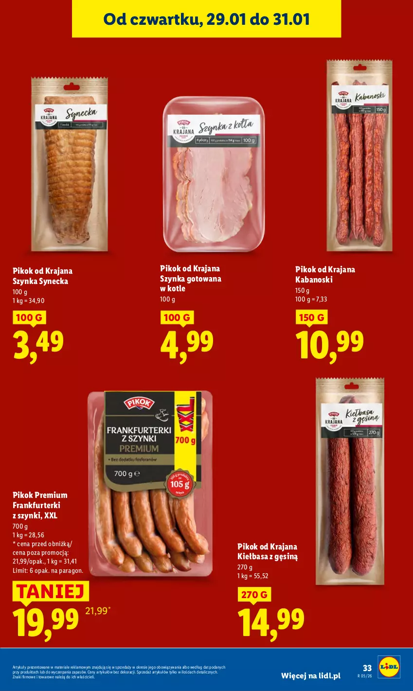 Gazetka promocyjna Lidl - GAZETKA - ważna 29.01 do 31.01.2026 - strona 33 - produkty: Frankfurterki, Kabanos, Kiełbasa, PIKOK, Szynka