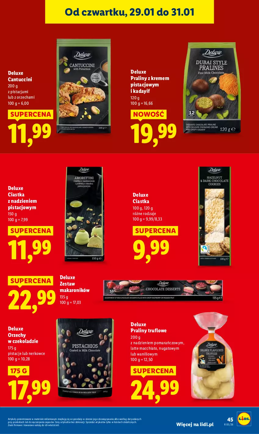Gazetka promocyjna Lidl - GAZETKA - ważna 29.01 do 31.01.2026 - strona 45 - produkty: Chia, Ciastka, Makaron, Orzechy w czekoladzie, Pistacje, Praliny