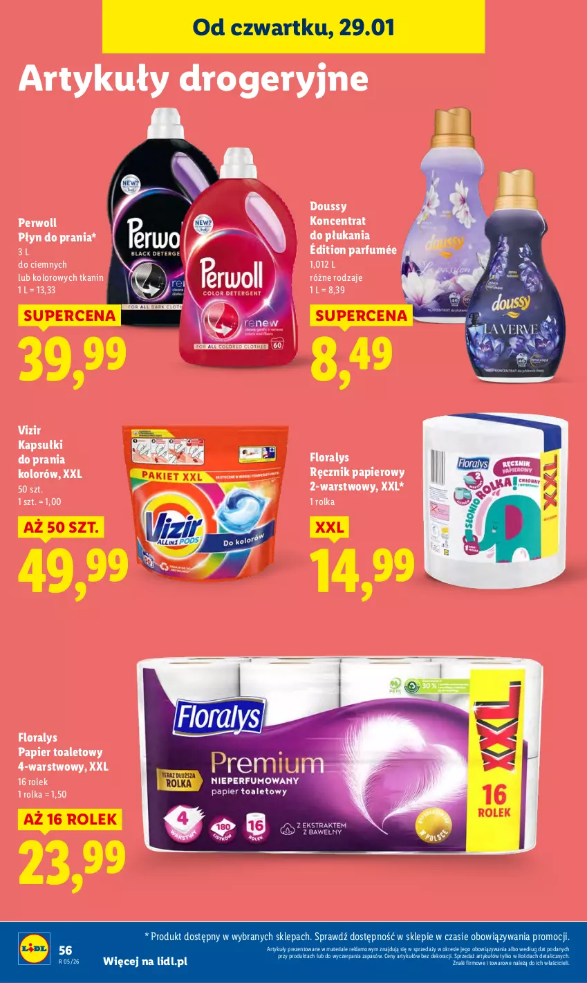 Gazetka promocyjna Lidl - GAZETKA - ważna 29.01 do 31.01.2026 - strona 56 - produkty: Flora, Kapsułki do prania, Papier, Papier toaletowy, Perwoll, Płyn do prania, Ręcznik, Vizir