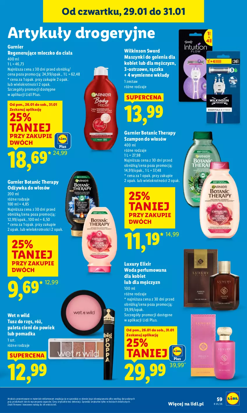 Gazetka promocyjna Lidl - GAZETKA - ważna 29.01 do 31.01.2026 - strona 59 - produkty: Garnier, Mleczko, Mleczko do ciała, Odżywka, Paleta, Perfum, Szampon, Tusz, Wilkinson Sword, Woda, Woda perfumowana