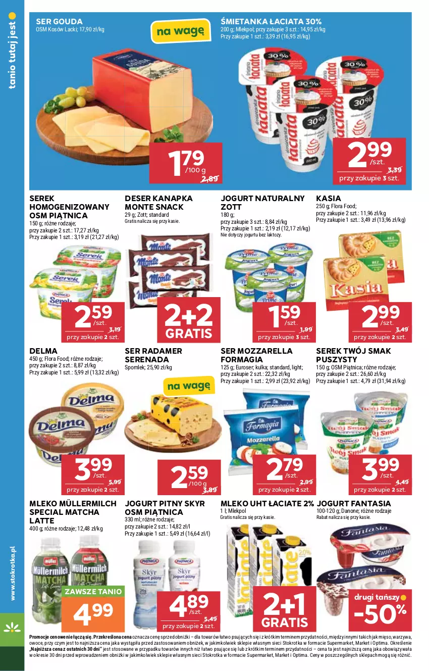 Gazetka promocyjna Stokrotka - Market - ważna 30.07 do 05.08.2026 - strona 14 - produkty: Danone, Delma, Deser, Fa, Fanta, Flora, Gouda, Gra, Jogurt, Jogurt naturalny, Jogurt pitny, Kasia, Lack, Mięso, Mleko, Monte, Mozzarella, Müller, Müllermilch, Optima, Owoce, Piątnica, Radamer, Ser, Serek, Serek homogenizowany, Twój Smak, Warzywa, Zott