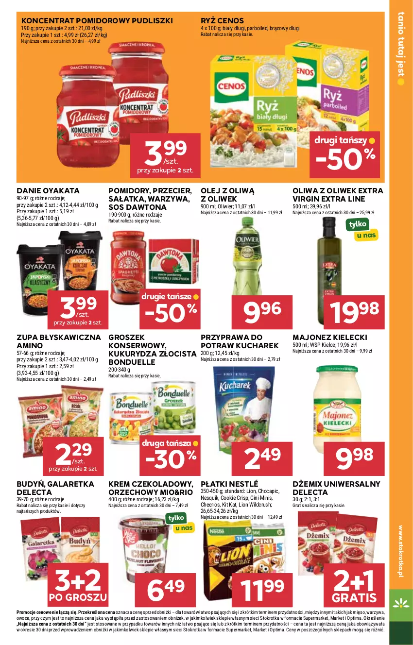 Gazetka promocyjna Stokrotka - Market - ważna 30.07 do 05.08.2026 - strona 15 - produkty: Bonduelle, Budyń, Cenos, Cheerios, Dawtona, Delecta, Dżem, Gala, Galaretka, Gin, Gra, Groszek, Kit Kat, Koncentrat pomidorowy, Kucharek, Kukurydza, Lion, Majonez, Mięso, Nesquik, Nestlé, Olej, Oliwa, Oliwa z oliwek, Optima, Owoce, Pomidory, Pudliszki, Ryż, Sałat, Sałatka, Ser, Sos, Warzywa, Zupa