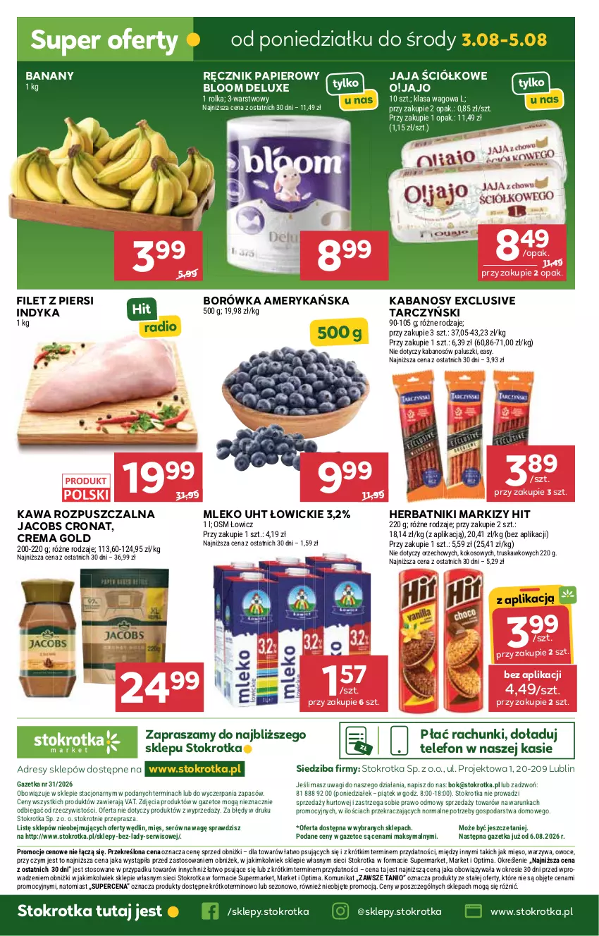 Gazetka promocyjna Stokrotka - Market - ważna 30.07 do 05.08.2026 - strona 31 - produkty: Banany, Borówka, Borówka amerykańska, Dres, Filet z piersi indyka, Herbatniki, Jacobs, Jaja, JBL, Kabanos, Kawa, Kawa rozpuszczalna, Kokos, Mięso, Mleko, O nas, Optima, Owoce, Papier, Ręcznik, Ser, Tarczyński, Telefon, Wagi, Warzywa