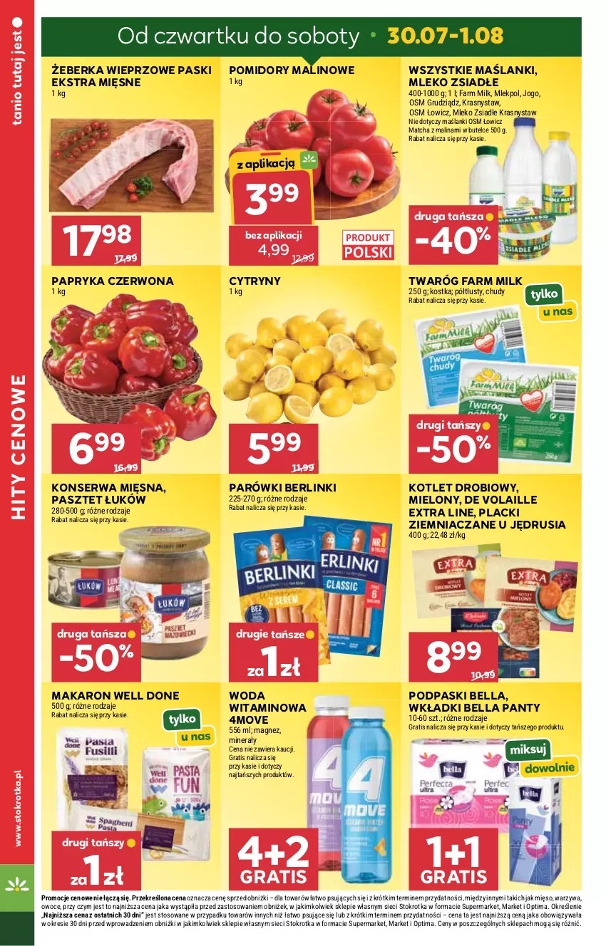 Gazetka promocyjna Stokrotka - Market - ważna 30.07 do 05.08.2026 - strona 4 - produkty: Bell, Bella, Berlinki, Cytryny, Fa, Farm Milk, Gra, Kotlet, Lack, Lanki, Magnez, Makaron, Mięso, Mleko, Mleko zsiadłe, Optima, Owoce, Papryka, Papryka czerwona, Parówki, Pasztet, Podpaski, Pomidory, Ser, Twaróg, Warzywa, Wkładki, Woda