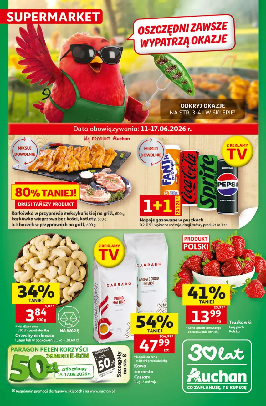 Gazetka promocyjna Auchan - 30 Lat Supermarket - ważna 11.06 do 17.06.2026 - strona 1 - produkty: Boczek, Grill, Karkówka wieprzowa, Kotlet