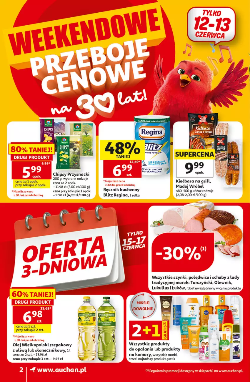 Gazetka promocyjna Auchan - 30 Lat Supermarket - ważna 11.06 do 17.06.2026 - strona 2 - produkty: Chipsy, Gin, Gra, Grill, Kiełbasa, Madej Wróbel, Olej, Olewnik, Przysnacki, Ręcznik, Ręcznik kuchenny, Tarczyński