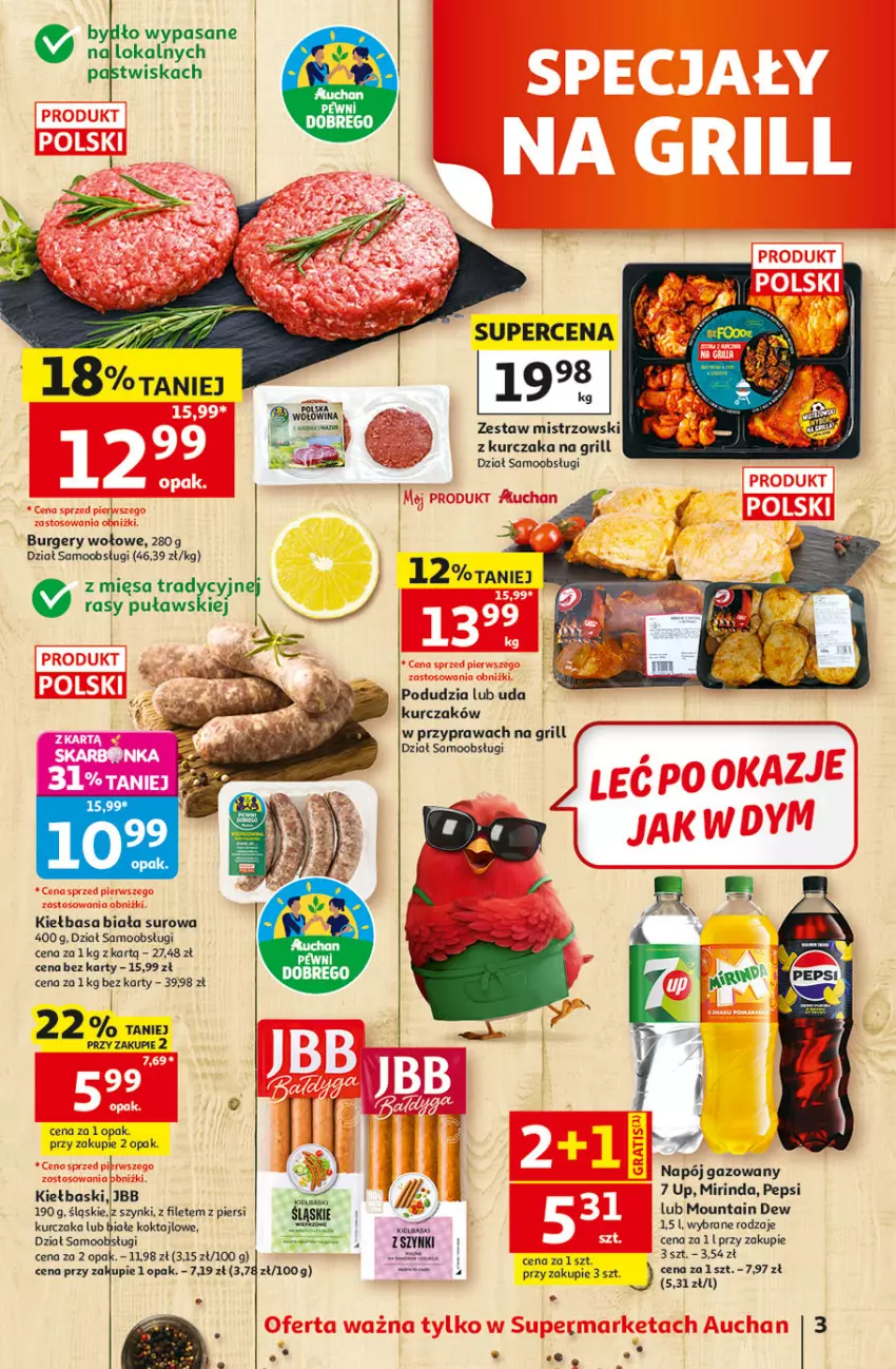 Gazetka promocyjna Auchan - 30 Lat Supermarket - ważna 11.06 do 17.06.2026 - strona 3 - produkty: Burger, Grill, Kiełbasa, Kiełbasa biała, Kurczak, Mirinda, Napój, Napój gazowany, Pepsi