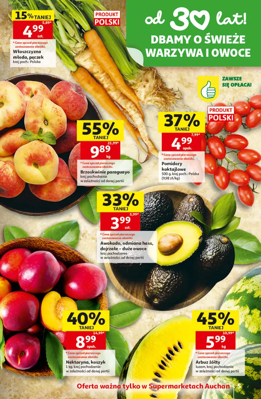 Gazetka promocyjna Auchan - 30 Lat Supermarket - ważna 11.06 do 17.06.2026 - strona 5 - produkty: Arbuz, Brzoskwinie, Kosz, Nektar, Owoce, Pomidory, Warzywa, Warzywa i owoce