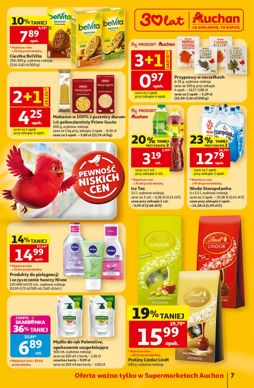 Gazetka promocyjna Auchan - 30 Lat Supermarket - ważna 11.06 do 17.06.2026 - strona 7 - produkty: BelVita, Ciastka, Gin, Ice tea, Lindor, Lindt, Makaron, Mydło, Nivea, Palmolive, Pieprz, Praliny, Przyprawy, Rum, Staropolanka, Woda