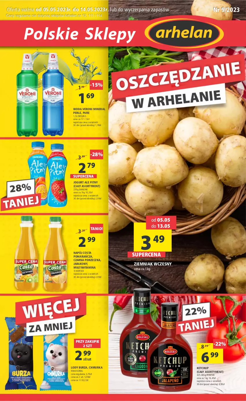 Gazetka promocyjna Arhelan - Gazetka - ważna 05.05 do 14.05.2023 - strona 1 - produkty: Danone, Hortex, Jogurt, Ketchup, Lody, Napój, Por, Pur, Woda