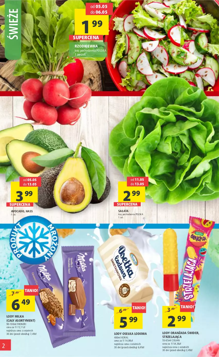 Gazetka promocyjna Arhelan - Gazetka - ważna 05.05 do 14.05.2023 - strona 2 - produkty: Avocado, Lody, Milka, Oranżada, Rzodkiewka, Sałat