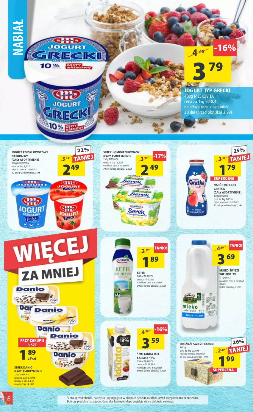 Gazetka promocyjna Arhelan - Gazetka - ważna 05.05 do 14.05.2023 - strona 6 - produkty: Babuni, Danio, Danone, Drożdże, Gra, Jogurt, Kefir, Mleko, Mlekovita, Napój, Napój mleczny, Piątnica, Ser, Serek, Serek homogenizowany, Vita C