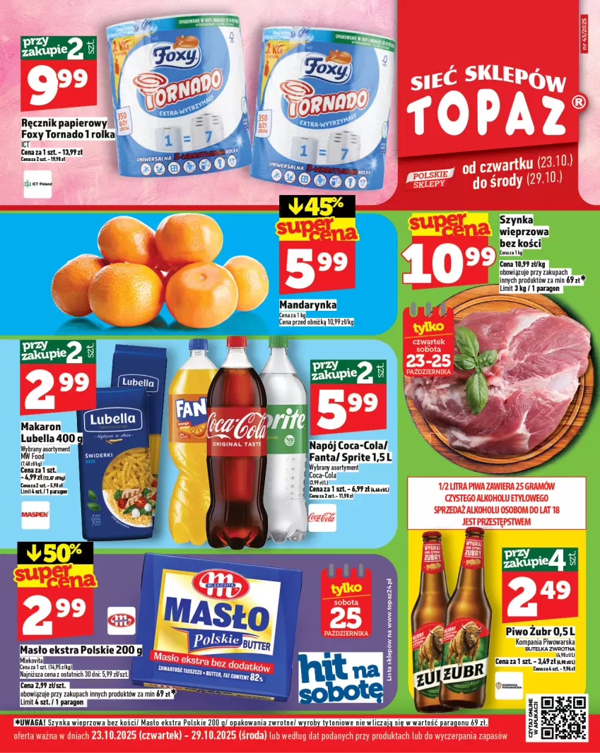 Gazetka promocyjna Topaz - Gazetka - ważna 23.10 do 29.10.2025 - strona 1 - produkty: Foxy, Masło, Papier, Piwo, Ręcznik, Szynka, Szynka wieprzowa, Top, Waga