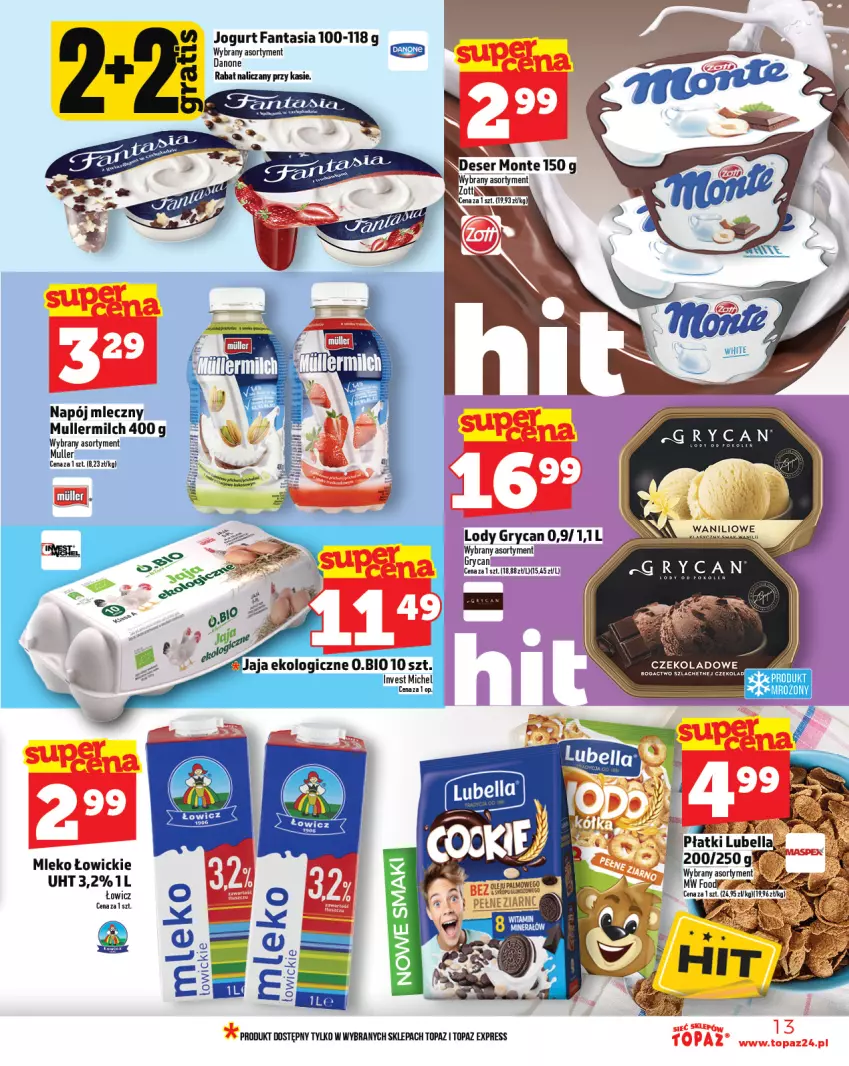 Gazetka promocyjna Topaz - Gazetka - ważna 23.10 do 29.10.2025 - strona 13 - produkty: Bell, Bella, Danone, Fa, Fanta, Gry, Jaja, Jogurt, Kasia, Lody, Lubella, Mleko, Monte, Napój, Napój mleczny, Top