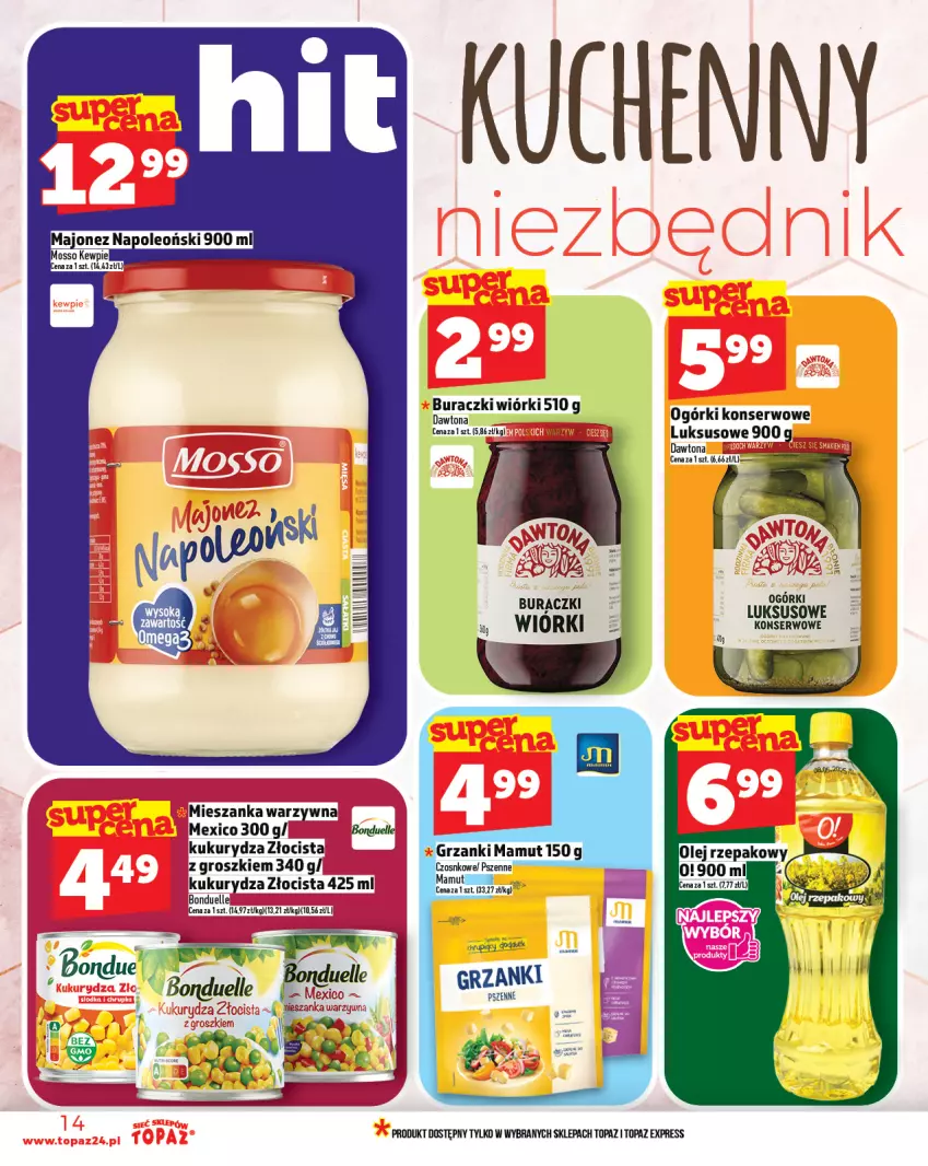 Gazetka promocyjna Topaz - Gazetka - ważna 23.10 do 29.10.2025 - strona 14 - produkty: Bonduelle, Buraczki, Dawtona, Kawa, Kukurydza, Mieszanka warzyw, Ogórki konserwowe, Ser, Top