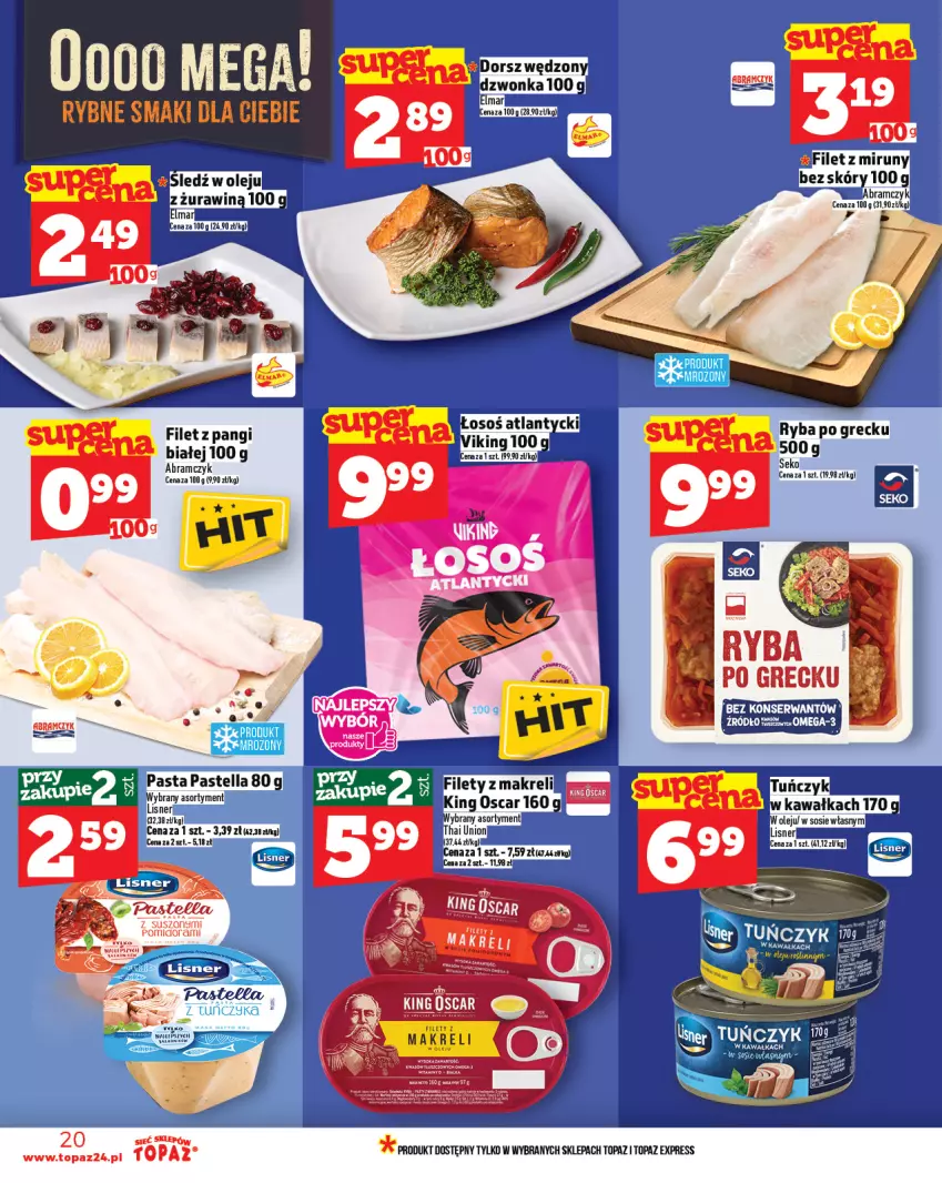 Gazetka promocyjna Topaz - Gazetka - ważna 23.10 do 29.10.2025 - strona 20 - produkty: Dorsz, Filet z pangi, Kawa, Lisner, Olej, Pastella, Ryba, Ryba po grecku, SEKO, Ser, Sledź, Sos, Top, Tuńczyk