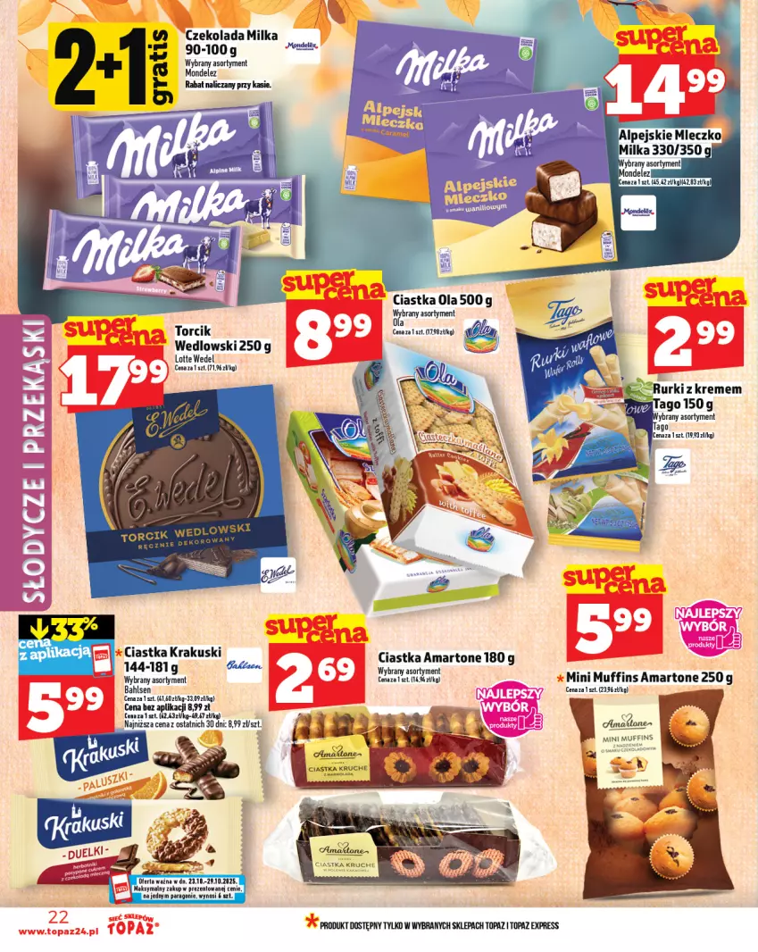 Gazetka promocyjna Topaz - Gazetka - ważna 23.10 do 29.10.2025 - strona 22 - produkty: Ciastka, Czekolada, ELEX, Krakus, Krakuski, Milka, Rurki, Top