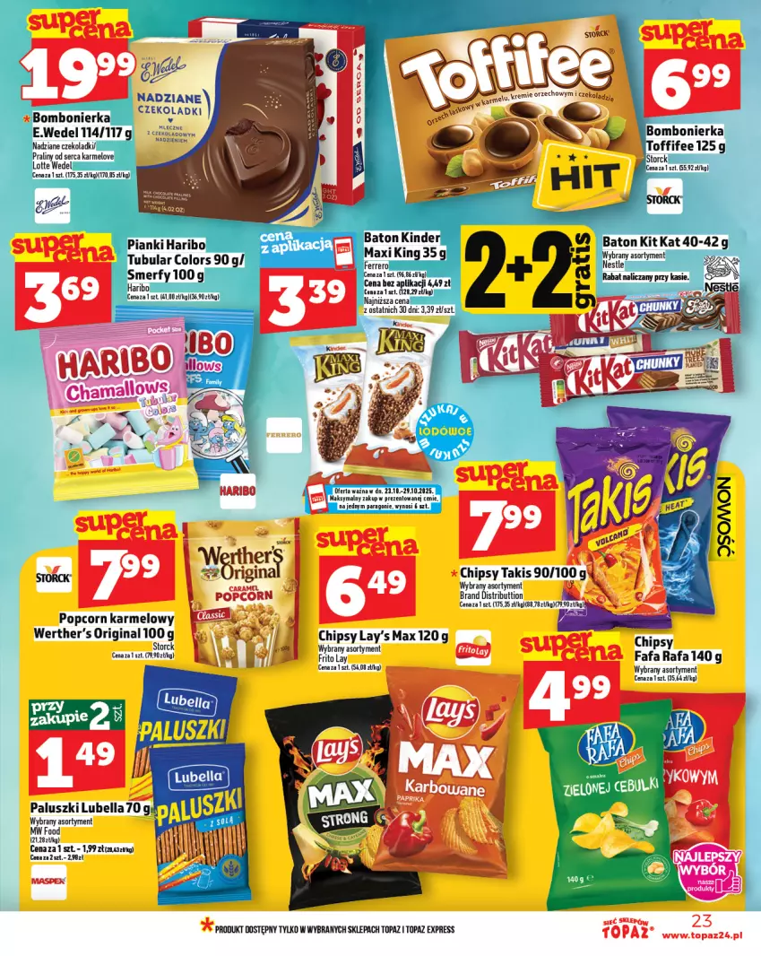 Gazetka promocyjna Topaz - Gazetka - ważna 23.10 do 29.10.2025 - strona 23 - produkty: Baton, Bell, Bella, Chipsy, Fa, Gin, Haribo, Lubella, Popcorn, Praliny, Ser, Top