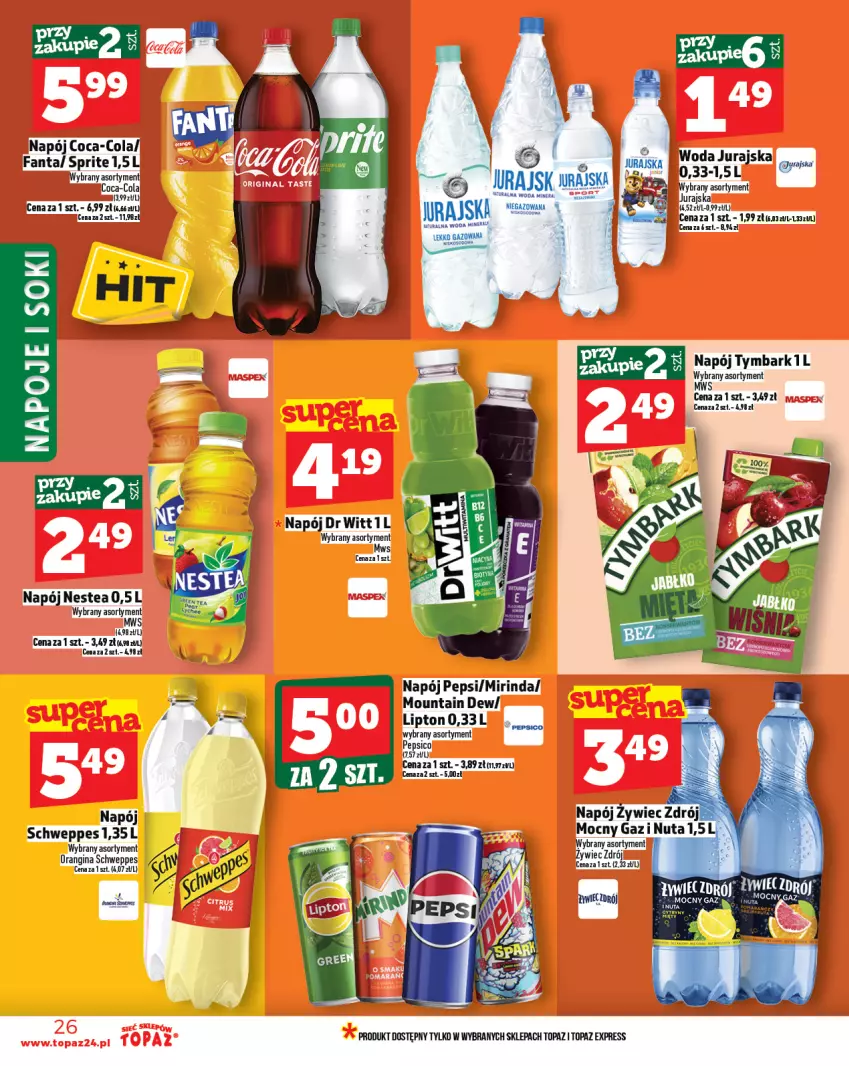 Gazetka promocyjna Topaz - Gazetka - ważna 23.10 do 29.10.2025 - strona 26 - produkty: Coca-Cola, Fa, Fanta, Gin, Lipton, Mirinda, Napój, Napoje, Nestea, Pepsi, Schweppes, Sok, Sprite, Top, Tymbark