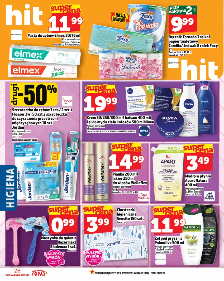 Gazetka promocyjna Topaz - Gazetka - ważna 23.10 do 29.10.2025 - strona 28 - produkty: Chusteczki, Colgate, Elmex, Foxy, Lakier, LG, Mars, Mydło, Palmolive, Papier, Papier toaletowy, Pasta do zębów, Ręcznik, Ser, Sito, Szczoteczka, Szczoteczka do zębów, Top, Wella, Wellaflex