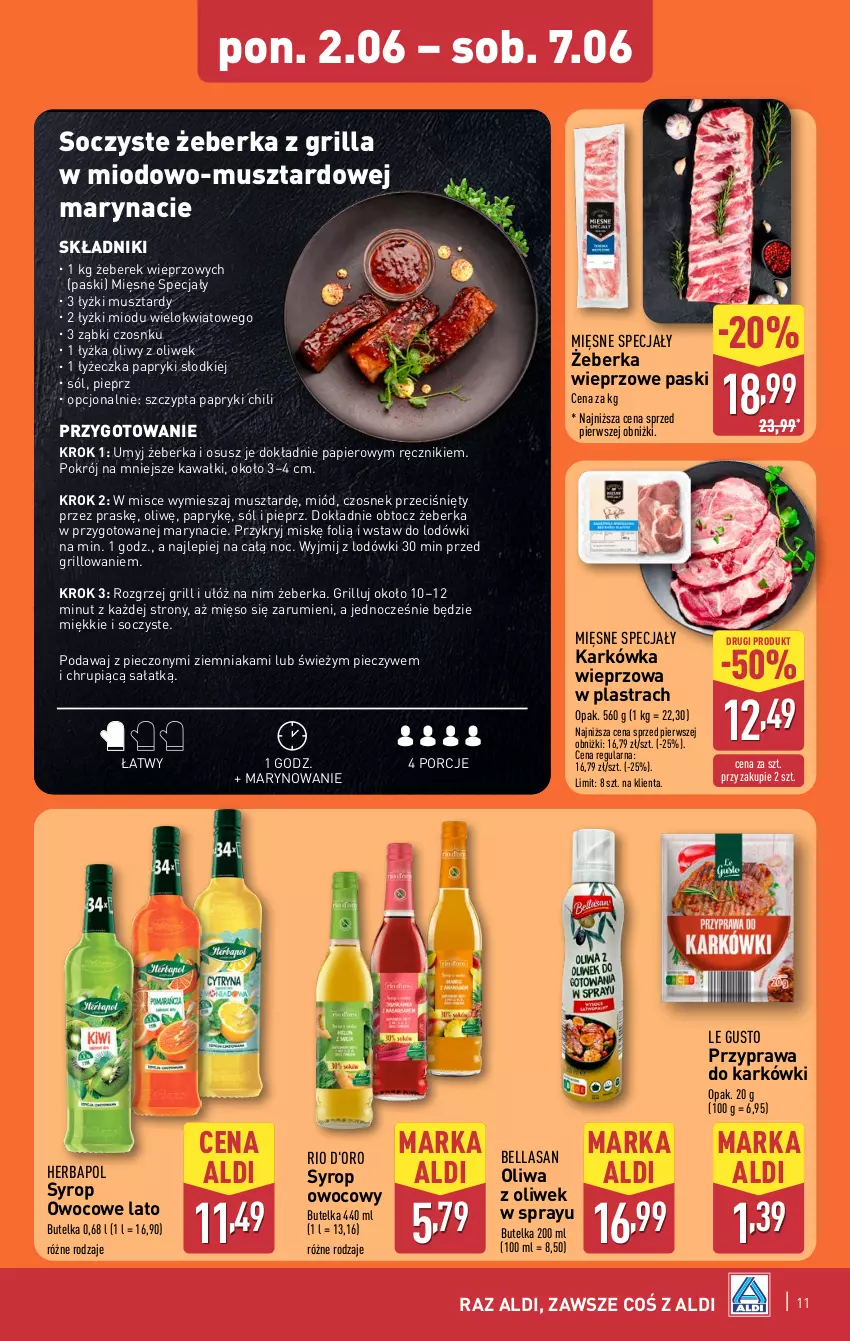 Gazetka promocyjna Aldi - Oferta weekendowa - ważna 05.06 do 07.06.2025 - strona 11 - produkty: Bell, Bella, Czosnek, Grill, Herbapol, Karkówka wieprzowa, Kawa, Mięsne specjały, Mięso, Miód, Mus, Oliwa, Oliwa z oliwek, Papier, Piec, Pieprz, Por, Ręcznik, Rum, Sałat, Sól, Syrop
