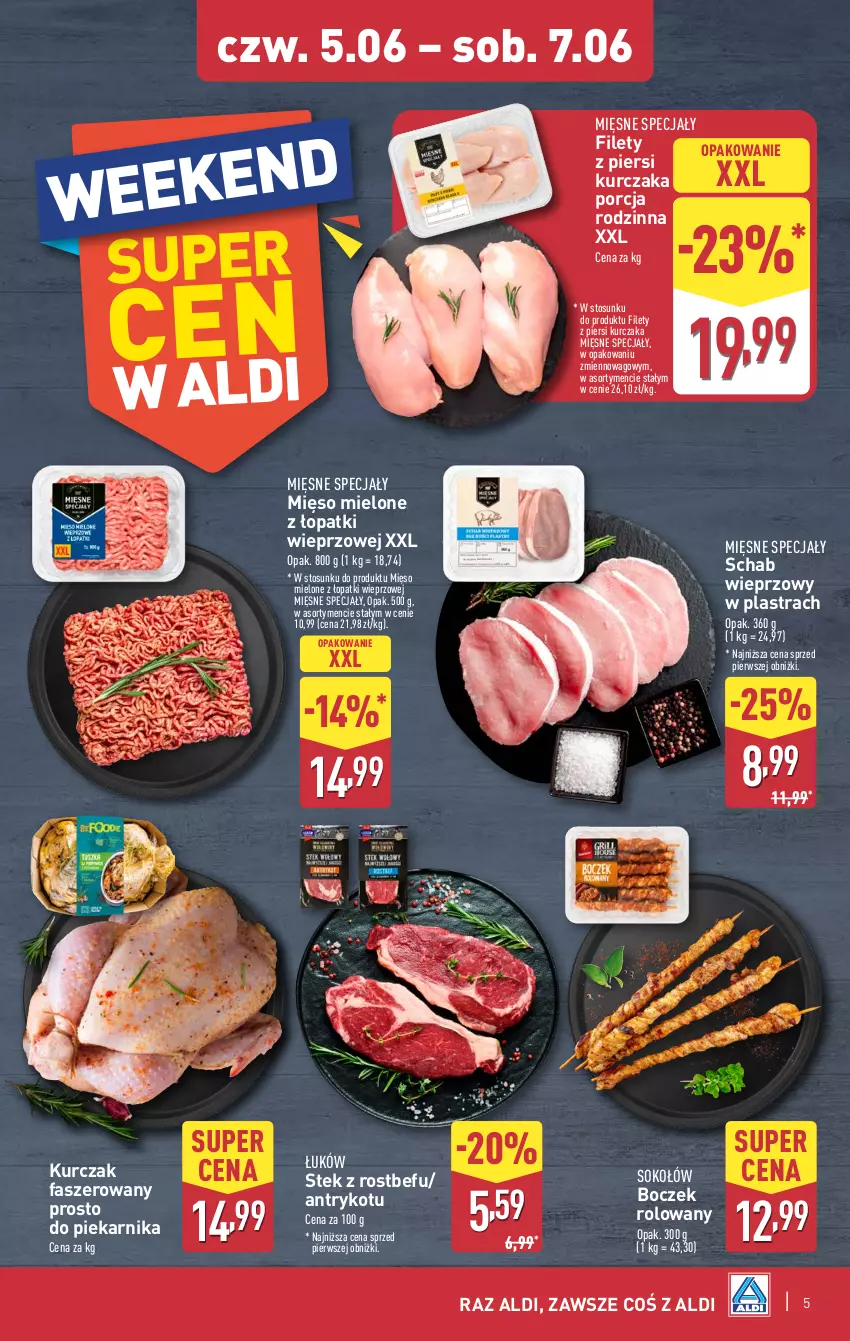 Gazetka promocyjna Aldi - Oferta weekendowa - ważna 05.06 do 07.06.2025 - strona 5 - produkty: Boczek, Fa, Kurczak, Mięsne specjały, Mięso, Mięso mielone, Mięso mielone z łopatki wieprzowej, Piekarnik, Por, Rostbef, Schab wieprzowy, Sok, Sokołów, Stek