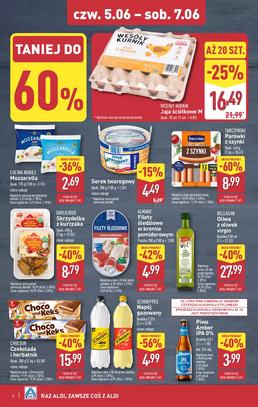 Gazetka promocyjna Aldi - Oferta weekendowa - ważna 05.06 do 07.06.2025 - strona 6 - produkty: Bell, Bella, Czekolada, Gin, Gra, Jaja, Kurczak, Mozzarella, Napój, Napój gazowany, Oliwa, Oliwa z oliwek, Parówki, Parówki z szynki, Piwa, Piwo, Schweppes, Ser, Serek, Serek twarogowy, Skrzydełka z kurczaka, Tarczyński