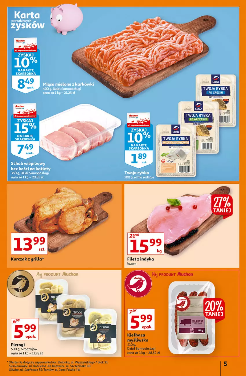 Gazetka promocyjna Auchan - Superoszczędzanie z kartą Skarbonka Supermarkety - ważna 07.10 do 13.10.2021 - strona 5 - produkty: Grill, Kiełbasa, Kurczak, Mięso, Mięso mielone, Pierogi, Schab wieprzowy