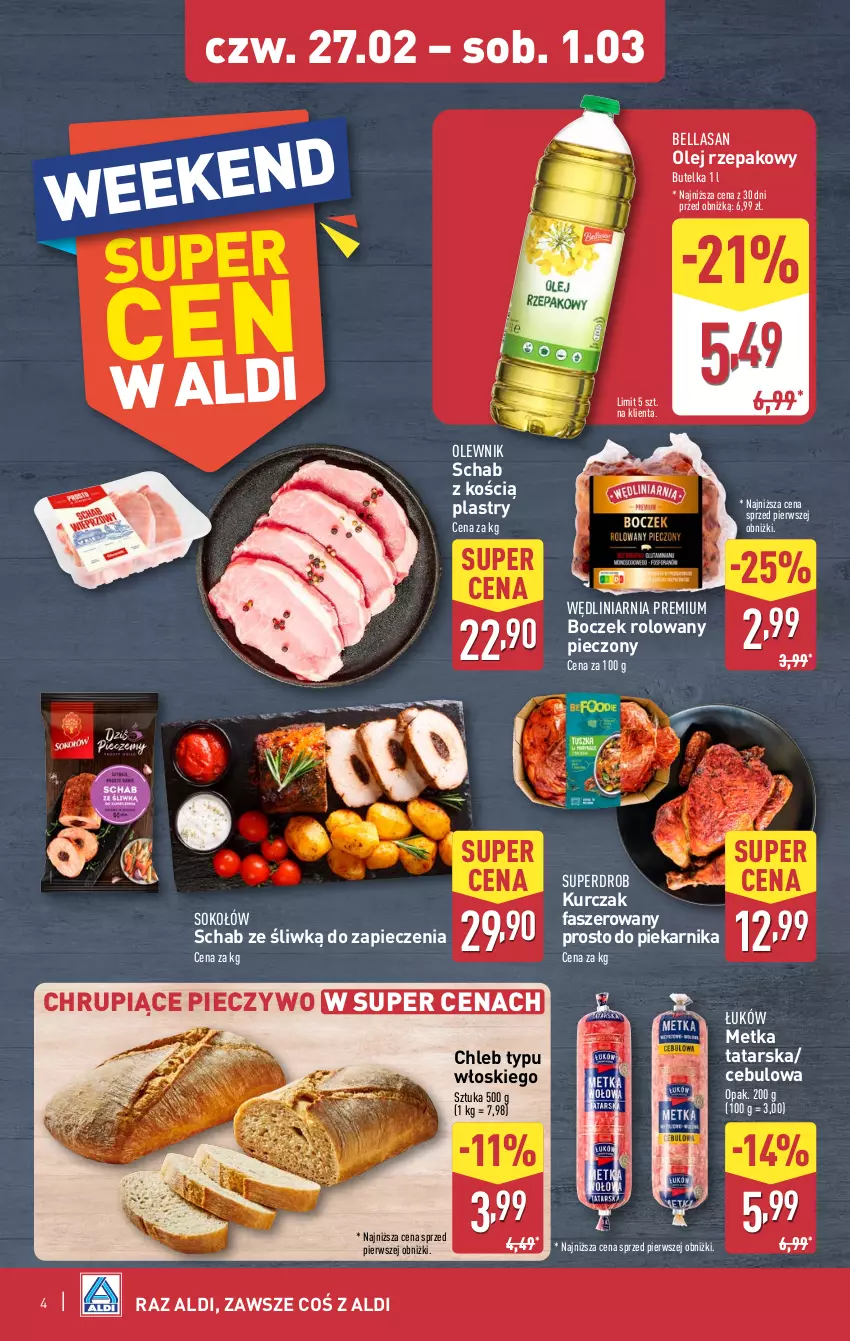 Gazetka promocyjna Aldi - Okazje na weekend - ważna 27.02 do 01.03.2025 - strona 4 - produkty: Bell, Bella, Boczek, Chleb, Chleb typu włoskiego, Fa, Kurczak, Metka tatarska, Olej, Olej rzepakowy, Olewnik, Piec, Pieczywo, Piekarnik, Sok, Sokołów