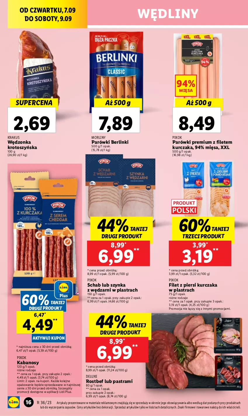 Gazetka promocyjna Lidl - GAZETKA - ważna 06.09 do 09.09.2023 - strona 36 - produkty: Berlinki, Filet z piersi kurczaka, Kabanos, Krakus, Kurczak, Morliny, Olej, Parówki, PIKOK, Rostbef, Szynka