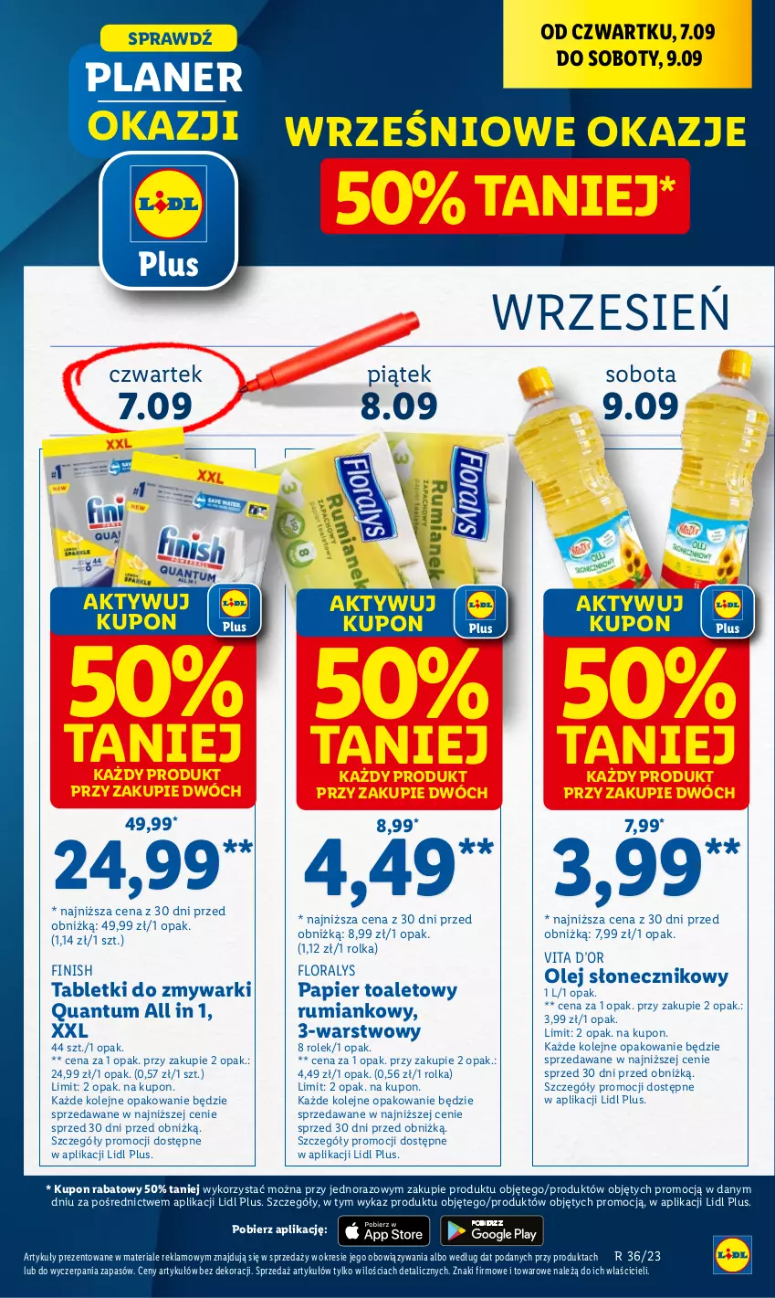 Gazetka promocyjna Lidl - GAZETKA - ważna 06.09 do 09.09.2023 - strona 5 - produkty: Finish, Flora, Olej, Olej słonecznikowy, Papier, Papier toaletowy, Rum, Tablet, Tabletki do zmywarki, Zmywarki