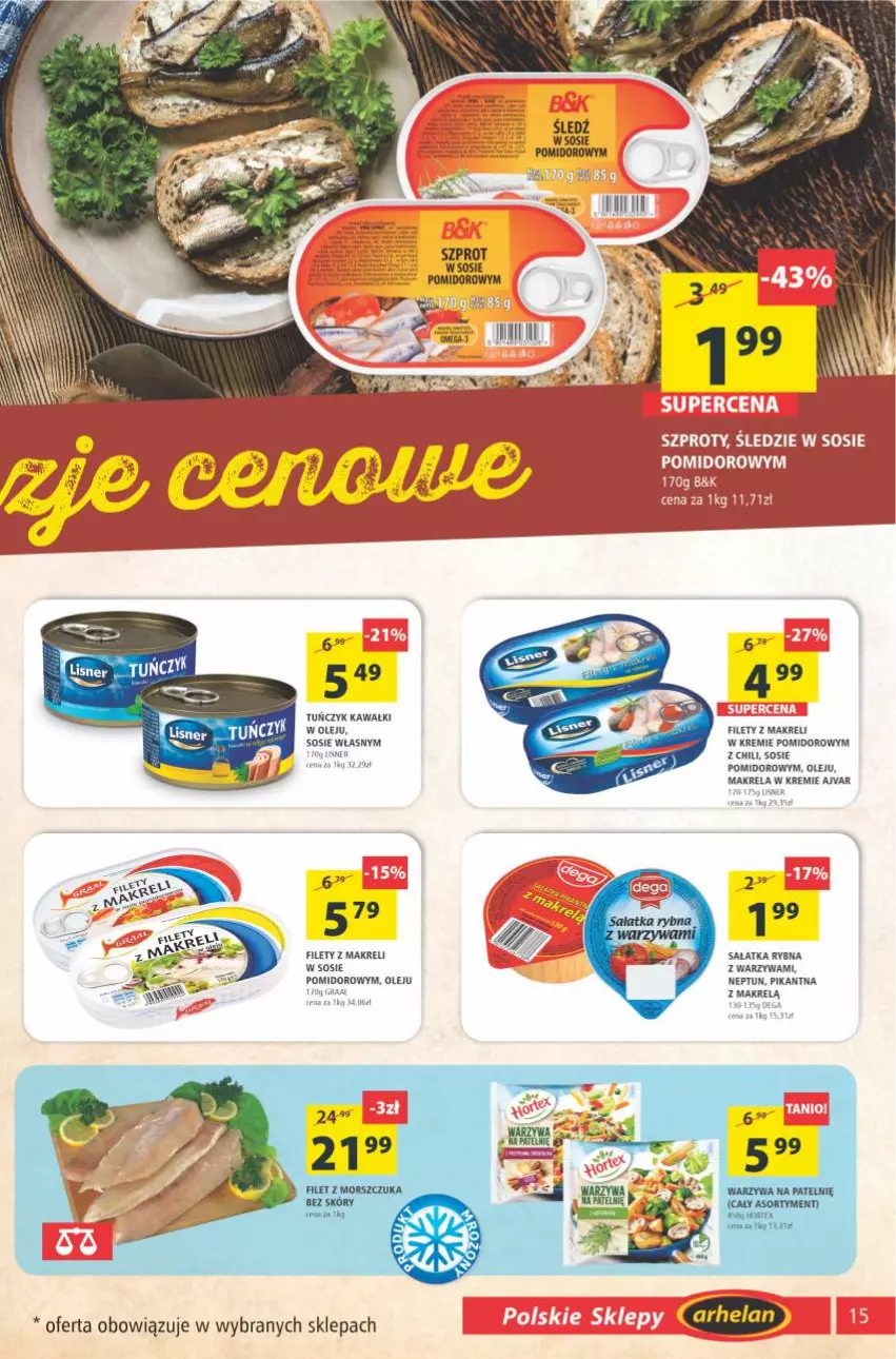 Gazetka promocyjna Arhelan - Gazetka - ważna 16.07 do 25.07.2021 - strona 15 - produkty: Filet z morszczuka, Gra, Kawa, Makrelą, Olej, Sałat, Sałatka, Sos, Szprot, Tuńczyk, Warzywa