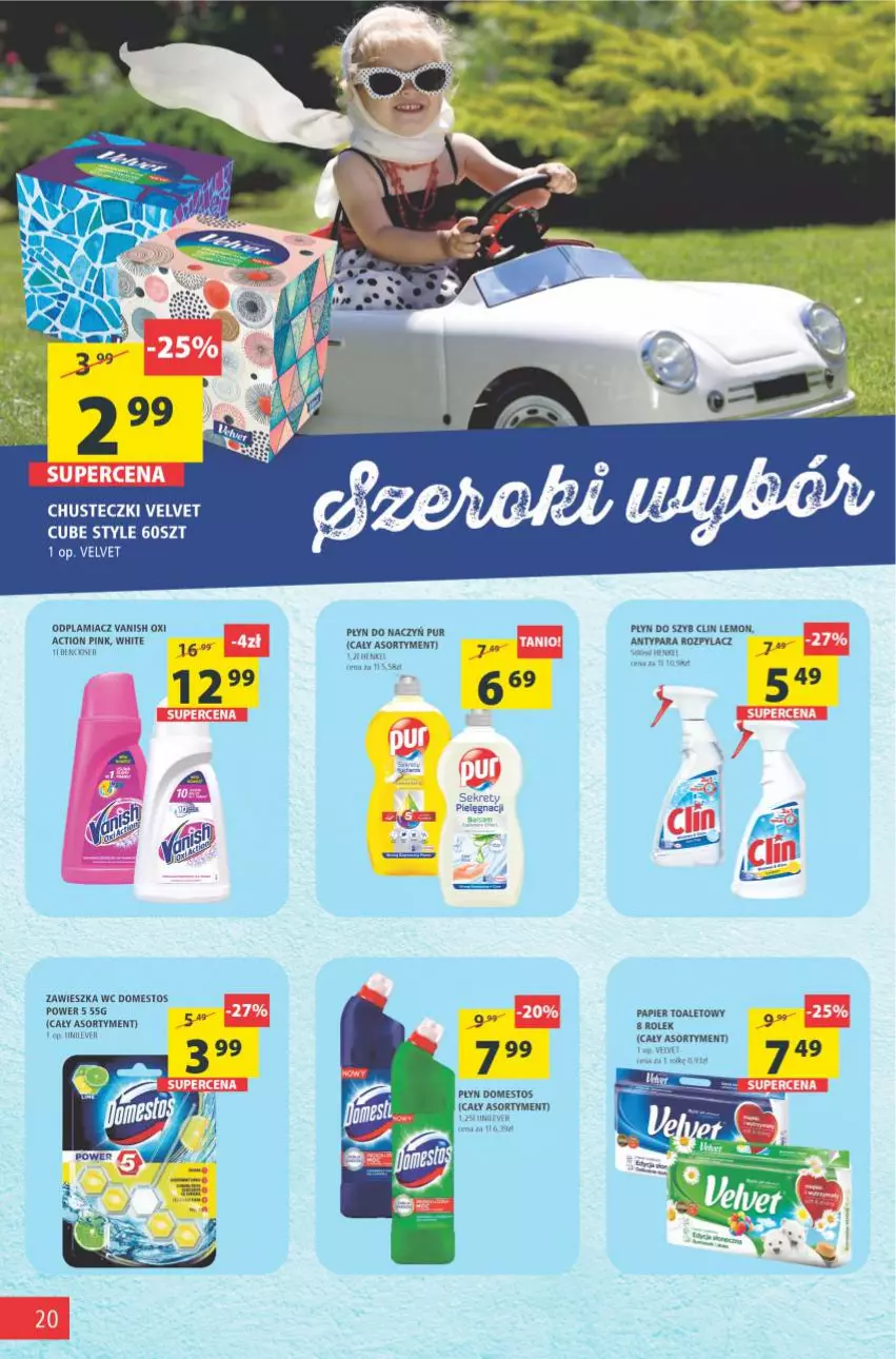 Gazetka promocyjna Arhelan - Gazetka - ważna 16.07 do 25.07.2021 - strona 20 - produkty: Chusteczki, Clin, Domestos, Kret, Młot, Odplamiacz, Papier, Papier toaletowy, Płyn do szyb, Pur, Vanish, Velvet