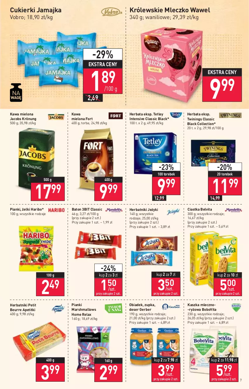 Gazetka promocyjna Stokrotka - Market - ważna 29.12.2021 do 04.01.2022 - strona 7 - produkty: Baton, BelVita, BoboVita, Ciastka, Cukier, Cukierki, Deser, Gerber, Haribo, Herbata, Herbatniki, Herbatniki Petit Beurre, Jacobs, Jacobs Krönung, Jeżyki, Kawa, Kawa mielona, Królewski, Królewskie Mleczko, Lack, Mars, Marshmallows, Mleczko, Ryż, Ser, Tetley, Torba, Wawel