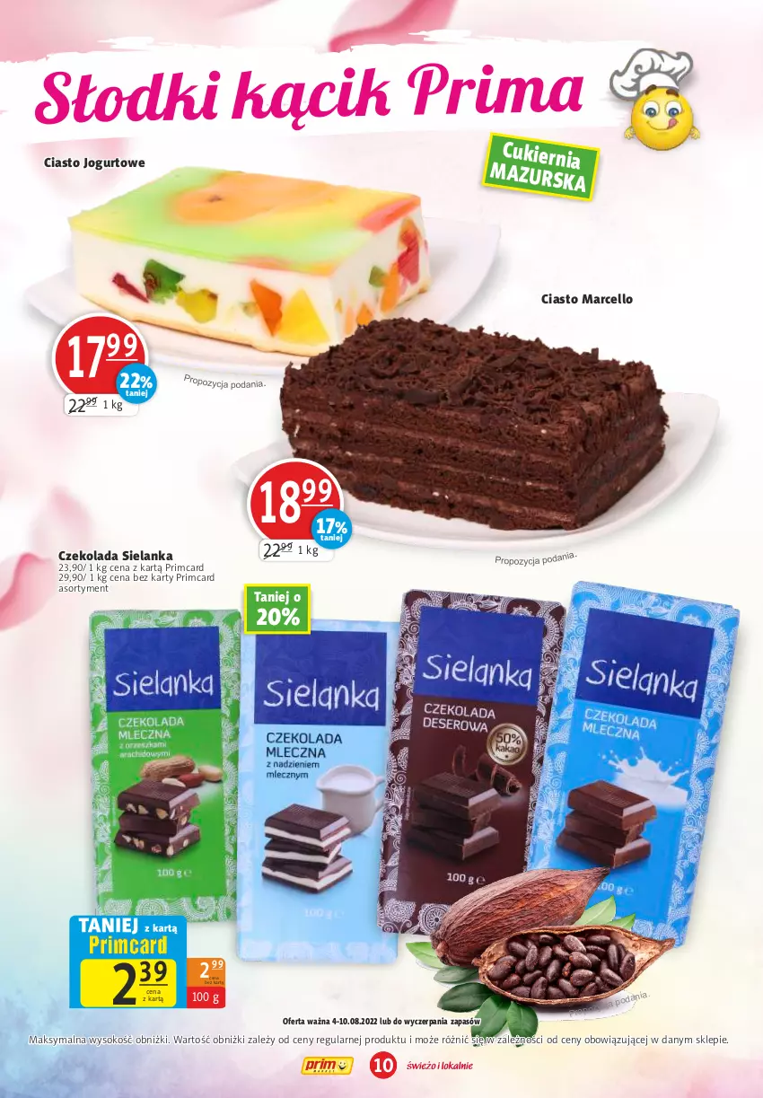 Gazetka promocyjna Prim Market - ważna 04.08 do 10.08.2022 - strona 10 - produkty: Ciasto jogurtowe, Cukier, Czekolada, Jogurt, Sok