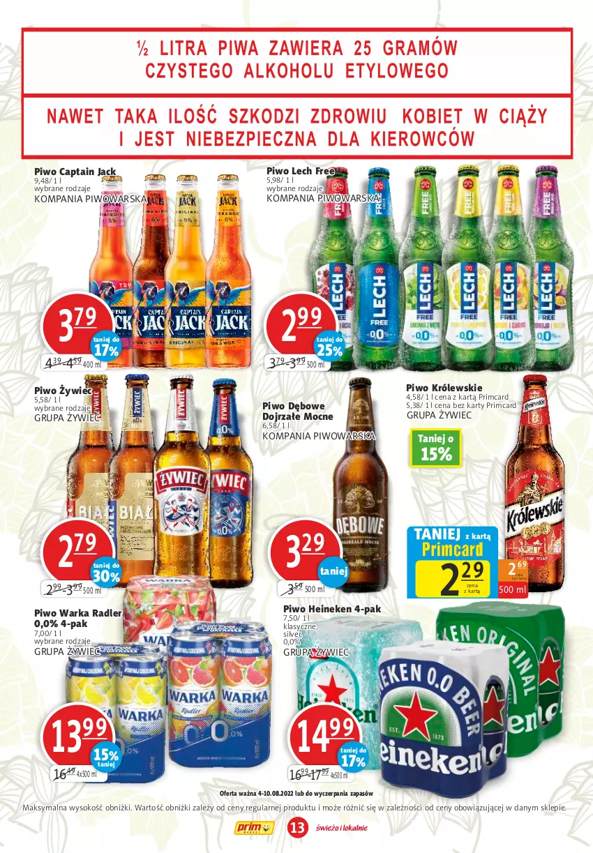 Gazetka promocyjna Prim Market - ważna 04.08 do 10.08.2022 - strona 13 - produkty: Captain Jack, Heineken, Królewski, Piwo, Radler, Sok, Warka