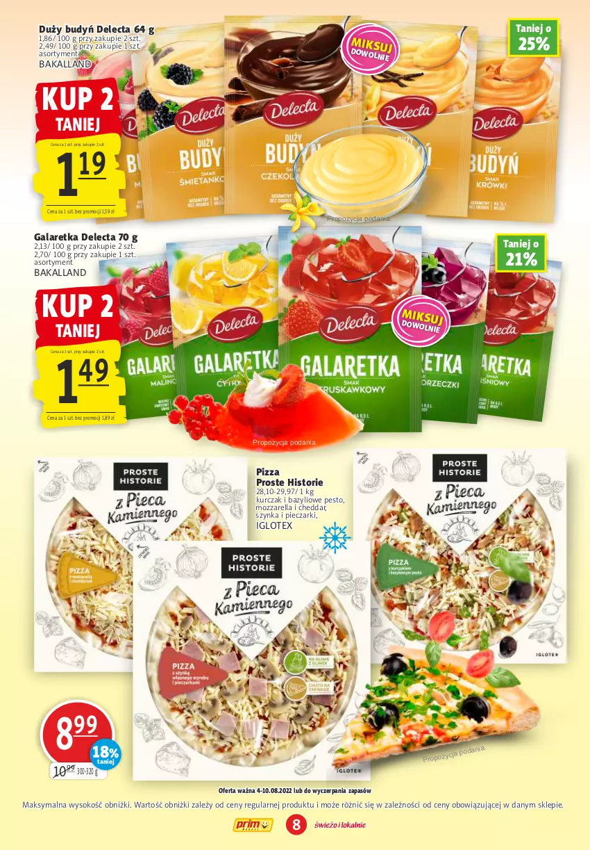 Gazetka promocyjna Prim Market - ważna 04.08 do 10.08.2022 - strona 8 - produkty: Bakalland, Bazyl, Budyń, Cheddar, Delecta, Gala, Galaretka, Kurczak, Mozzarella, Pesto, Piec, Pizza, Sok, Szynka