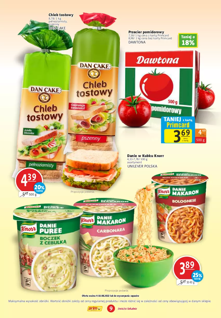 Gazetka promocyjna Prim Market - ważna 04.08 do 10.08.2022 - strona 9 - produkty: Chleb, Chleb tostowy, Dan Cake, Dawtona, Knorr, Sok