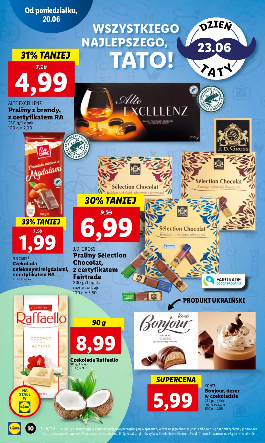 Gazetka promocyjna Lidl - GAZETKA - ważna 20.06 do 22.06.2022 - strona 10 - produkty: Brandy, Czekolada, Deser, Fa, Praliny, Raffaello, Ser