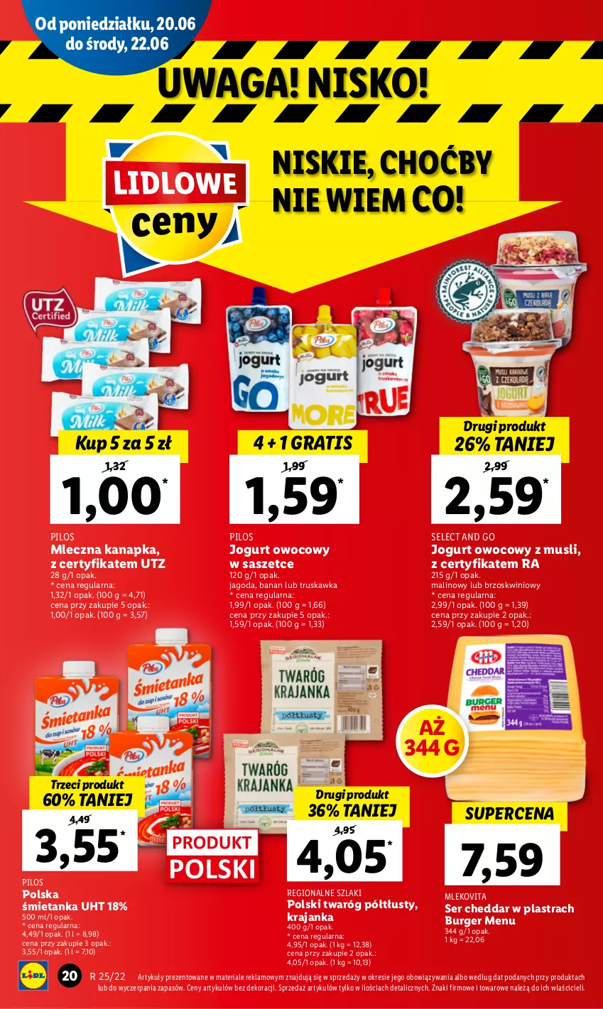 Gazetka promocyjna Lidl - GAZETKA - ważna 20.06 do 22.06.2022 - strona 20 - produkty: Burger, Cheddar, Gra, Jogurt, Jogurt owocowy, Mleczna kanapka, Mleko, Mlekovita, Mus, Pilos, Ser, Twaróg, Twaróg półtłusty, Waga