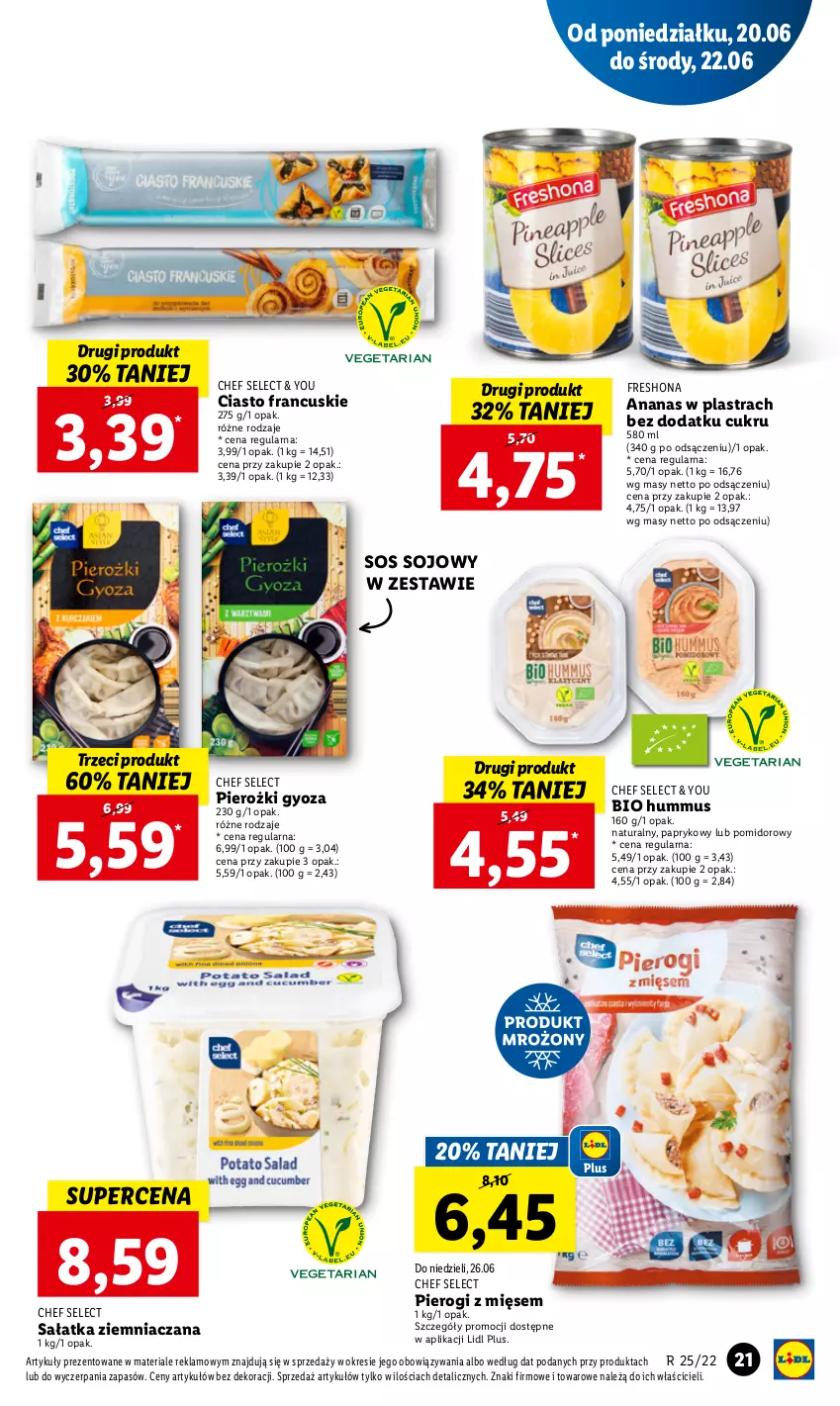 Gazetka promocyjna Lidl - GAZETKA - ważna 20.06 do 22.06.2022 - strona 21 - produkty: Ananas, Ananas w plastrach, Ciasto francuskie, Hummus, Mus, Pierogi, Sałat, Sałatka, Sos, Sos sojowy